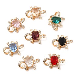 Mixed Color Glass Pendants with Rhinestone, with Light Gold Brass Findings, Bowknot Charms, Mixed Color, 12.5x17~18x6mm, Hole: 1.6mm