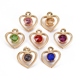 Mixed Color Rack Plating Eco-Friendly Iron Charms, with Rhinestone, Cadmium Free & Nickel Free & Lead Free, Light Gold, Heart, Mixed Color, 15x13x5mm, Hole: 1.5mm