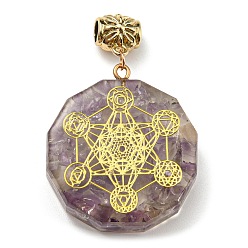 Amethyst Natural Amethyst European Dangle Polygon Charms, Large Hole Pendant with Golden Plated Alloy Hexagon Slice, 53mm, Hole: 5mm, Pendant: 39x35x11mm