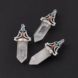 Quartz Crystal Natural Quartz Crystal Big Pendants, 7 Chakra Faceted Bullet Charms, with Platinum Plated Brass Findings and Colorful Rhinestone, Cadmium Free & Lead Free, 55x22.5x16mm, Hole: 8x5mm