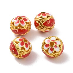 Red Hollow Alloy Beads, with Enamel, Rondelle with Flower, Matte Gold Color, Red, 14x13mm, Hole: 2.5mm
