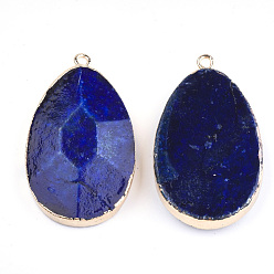 Lapis Lazuli Electroplate Natural Lapis Lazuli Pendants, with Iron Findings, Dyed, teardrop, Golden, 41~42x24~25x8~9mm, Hole: 1.8mm