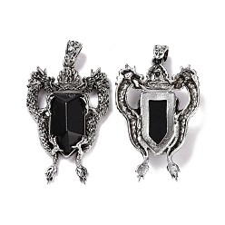 Обсидиан Большие подвески из натурального обсидиана, прелести дракона, со сплавочной фурнитурой античного серебряного тона, 52x33x8 мм, отверстие : 6x4 мм