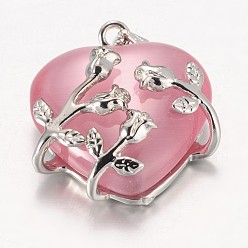 Pink Cat Eye Pendants, with Brass Findings, Heart, Platinum Color, Pink, 23x21x9mm, Hole: 5x4mm