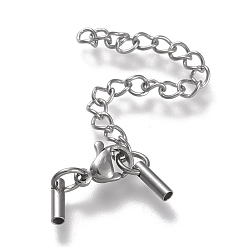 Stainless Steel Color 304 Stainless Steel Curb Chain Extender, with Cord Ends and Lobster Claw Clasps, Stainless Steel Color, Chain Extender: 53mm, Clasps: 9.5x6.5x3.5mm, Cord Ends: 7x2mm, 1.3mm inner diameter