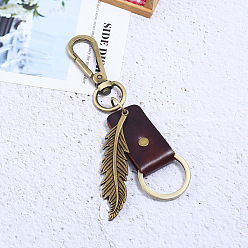 Brown Leather Keychain, with Antique Bronze Plated Alloy Twister Clasps and Iron Key Ring, Feather, Brown, 14cm