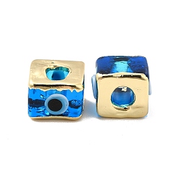 Dodger Blue Brass Enamel Beads, Long-Lasting Plated, Real 18K Gold Plated, Square with Evil Eye Pattern, Dodger Blue, 10~12x10~12x8~9mm, Hole: 4~4.5mm