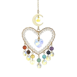 Golden Chakra Gemstone & Brass Heart Pendant Decorations, with Glass Charm, for Home Decorations, Golden, 247mm