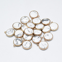 Howlite Natural Howlite Pendants, with Golden Tone Brass Findings, Faceted, Flat Round, 21x18x6mm, Hole: 2mm
