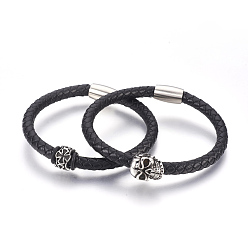 Leather Couple Braided Leather Cord Bracelets Sets, with 304 Stainless Steel Findings and Magnetic Clasps, Column and Skull, 8-1/8 inch~8-1/4 inch(20.5~21cm), 6mm, 2pcs/set