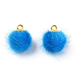 Blue Faux Mink Fur Covered Charms, with Golden Tone Brass Findings, Round, Deep Sky Blue, 21x18~19mm, Hole: 2mm