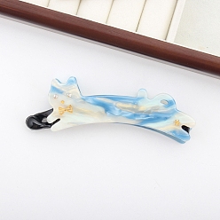 Deep Sky Blue Cute Cat Cellulose Acetate Banana Hair Clips, with Rhinestone, Hair Accessories for Girls, Deep Sky Blue, 110x37x18mm