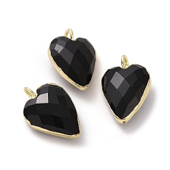 Обсидиан Природные подвески обсидиана, ограненные сердце прелести, с позолоченными латунными петлями по краям, 18x12x6 мм, отверстие : 2.5~3 мм