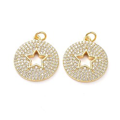 Real 18K Gold Plated Brass Micro Pave Clear Cubic Zirconia Pendants, with Jump Ring, Long-Lasting Plated, Flat Round with Hollow Out Star, Real 18K Gold Plated, 22x19x2mm, Jump Rings: 5x1mm, 3mm Inner Diameter