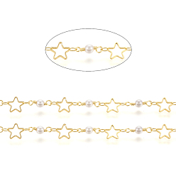 Real 18K Gold Plated Brass Handmade Beaded Chain, with Round Glass Beads, Long-Lasting Plated, Soldered, with Spool, Star, Real 18K Gold Plated, Link: 4x2x0.3mm, Star: 8x8x1mm, Round: 13x4mm, about 32.8 Feet(10m)/roll
