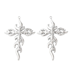 Stainless Steel Color 304 Stainless Steel Pendants, Fire-shape Cross Charm, Stainless Steel Color, 46x30x3mm, Hole: 1.6mm