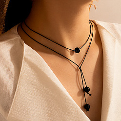 16345-black Chic Double-Layered Geometric Necklace with Woven Cord and Beads