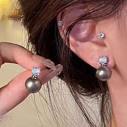 Platinum Alloy Rhinestone Stud Earrings, Plastic Beads Earrings with 925 Sterling Silver Pins, Platinum, 50x50mm