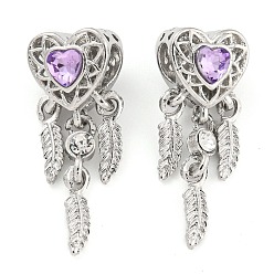 Платина Стойки с покрытием из сплава, паве, фиолетовые стразы, сердце с перьями, европейские подвески с подвесками, Подвески с большими отверстиями, без кадмия, без никеля и без свинца, платина, 32.5x11.5x10.5 мм, отверстие : 4.7 мм