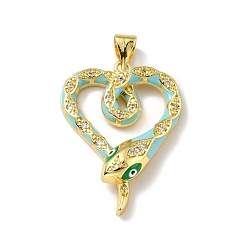 Небесно-голубой Латунные микро проложить кубического циркония подвески, с эмалью, реальный 18 k позолоченный, без свинца, без кадмии и без никеля, сердце со змеей, голубой, 27x19.5x5 мм, отверстие : 4.5x3.5 мм