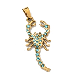 Синий Оттенок 304 подвески из нержавеющей стали, прелести скорпиона, со стразами, с кнопкой на поруки, ионное покрытие (ip), золотые, синий оттенок, 37x16.5x3.5 мм, отверстие : 6x3.4 мм