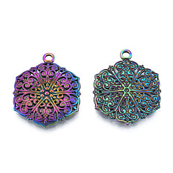 Rainbow Color Ion Plating(IP) 201 Stainless Steel Pendants, Hexagon with Flower, Rainbow Color, 28.5x23x2.5mm, Hole: 2mm