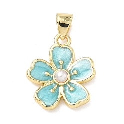 Средний Бирюзовый Латунь эмаль подвески, , с пластмассовой жемчужиной abs, долговечный, стойки покрытие, без свинца и без кадмия, реальный 18 k позолоченный, средне бирюзовый, 17x15x3.5 мм, отверстие : 5x3 мм