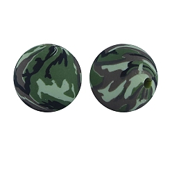 Green Round with Camouflage Print Pattern Food Grade Silicone Beads, Silicone Teething Beads, Green, 15mm