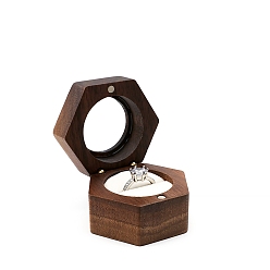 Floral White Hexagon Walnut Wood Magnetic Wedding Ring Gift Case, Clear Window Jewelry Box with Velvet Inside, for Rings, Floral White, 5.6x5x3.8cm