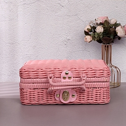 Pink Plastic Imitation Rattan Storage Box, with Handle, Rectangle, Pink, 22x11x17cm