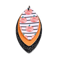 Pink Halloween Theme Imitation Leather Pendant, with Iron Jump Ring, Triple Layer Leaf with Pumpkin, Pink, 65x35x4mm, Hole: 5mm