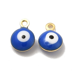 Blue 304 Stainless Steel Evil Eye Enamel Charms, Flat Round Charm, Golden, Blue, 7.5x6x3mm, Hole: 1mm