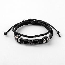 Black Adjustable Multi-Strand Leather Cord Bracelets, with PU Leather Cord & Alloy Findings, Infinity, Antique Silver, Black, 60mm(2-3/8 inch)