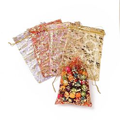 Mixed Color Gold Stamping Rose Flower Rectangle Organza Gift Bags, Jewelry Packing Drawable Pouches, Mixed Color, 16x12cm