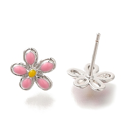 Ярко-Розовый Серьги-гвоздики из латуни с цветочным покрытием, с эмалью, долговечный, без свинца и без кадмия, платина, ярко-розовый, 10x10 мм