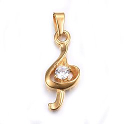 Golden 304 Stainless Steel Pendants, with Cubic Zirconia, Musical Note/Treble Clef, Clear, Golden, 23x10x3.5mm, Hole: 5x3mm