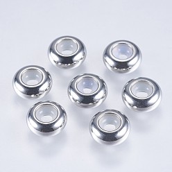 Stainless Steel Color 201 Stainless Steel Beads, with Plastic, Slider Beads, Stopper Beads, Rondelle, Stainless Steel Color, 8x3.5mm, Hole: 2.5mm