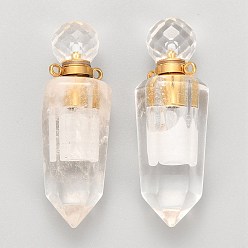 Quartz Crystal Faceted Natural Quartz Crystal Openable Perfume Bottle Pointed Pendants, Rock Crystal, with Golden Plated 304 Stainless Steel Findings, Bullet, 44~46x15x13~13.5mm, Hole: 1.8mm, Bottle Capacity: 1ml(0.034 fl. oz)
