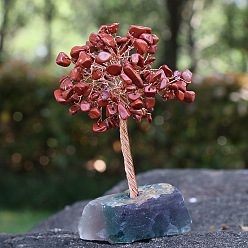 Red Jasper Natural Red Jasper Chips Tree Decorations, Ntural Fluorite Base with Copper Wire Feng Shui Energy Stone Gift for Home Office Desktop Decoration, 80x120mm
