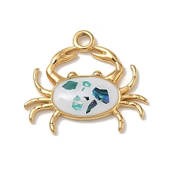 Real 18K Gold Plated 304 Stainless Steel & Natural Shell & Enamel Pendants, Crab Charms, Real 18K Gold Plated, 17.5x20x2.8mm, Hole: 2mm