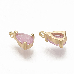 Real 18K Gold Plated Brass Cubic Zirconia Charms, Teardrop, Pink, Nickel Free, Real 18K Gold Plated, 8.5x5x3.5mm, Hole: 1mm