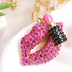 Rose Rhinestone Lip with Lipstick Keychains, with Enamel, KC Gold Plated Alloy Charm Keychain, Rose, 5.5x3.5cm