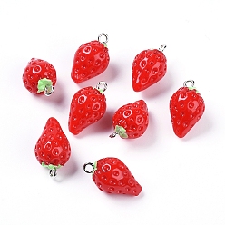Red Resin Pendants, with Platinum Tone Iron Loop, Imitation Food, Strawberry, Red, 21.5x12mm, Hole: 2mm