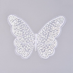 White Computerized Embroidery Cloth Iron on/Sew on Patches, Costume Accessories, Paillette Appliques, Butterfly, White, 175x145x0.5mm
