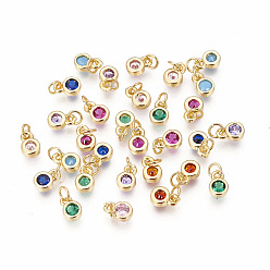 Mixed Color Brass with Single Cubic Zirconia Charms, Single Stone Charms, Flat Round, Golden, Mixed Color, 6.5x4.5x2mm, Hole: 2.5~3mm