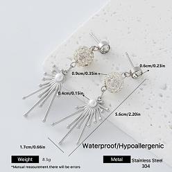 Silver 304 Stainless Steel & Rhinestone Stud Dangle Earrings for Women, Silver, 10x56mm