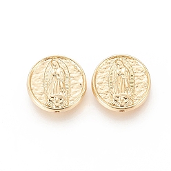 Real 18K Gold Plated Brass Beads, Long-Lasting Plated, Flat Round with Virgin Mary, Real 18K Gold Plated, 15.5x4mm, Hole: 1.2mm