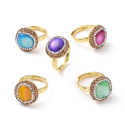 Mixed Color Adjustable Dyed Shell Nugget Ring with Rhinestone, Golden Brass Wide Ring for Women, Mixed Color, Inner Diameter: 17.5~22mm