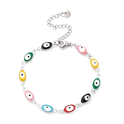 Stainless Steel Color 304 Stainless Steel Link Chain Bracelets, with Enamel, Oval Evil Eye, Colorful, Stainless Steel Color, 7-3/8 inch(18.7cm)