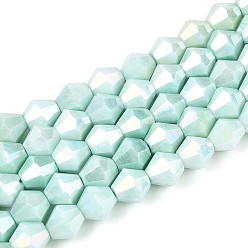 Бледно-бирюзовый Антикоррозийные гальванические стеклянные бусины, имитация драгоценных камней, двухконусные, с покрытием AB цвета, граненые, два тона, бледные бирюзовая, 7.5~8x7~8 мм, отверстие : 1~1.2 мм, около 48~49 шт / нитка, 14.76~15.16'' (37.5~38.5 см)